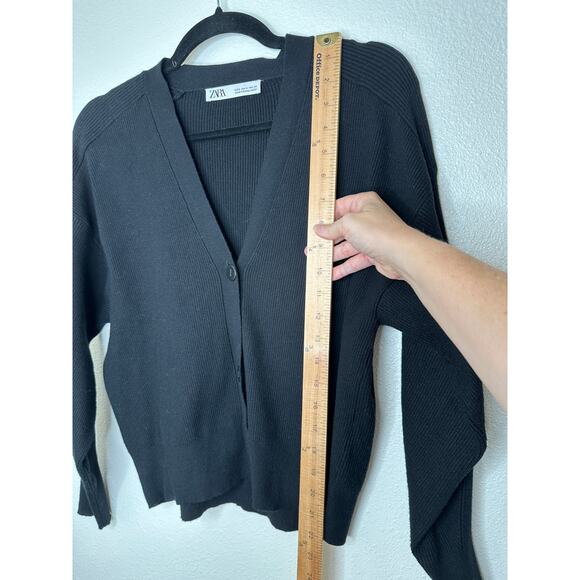 Zara Black Ribbed V-Neck Front Button Long Sleeve Cardigan Sweater S - Picture 5 of 9